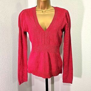 Vtg DKNY Sweater Womens Large Y2K Babydoll Puff Sleeve Red Metallic V Neck Logo